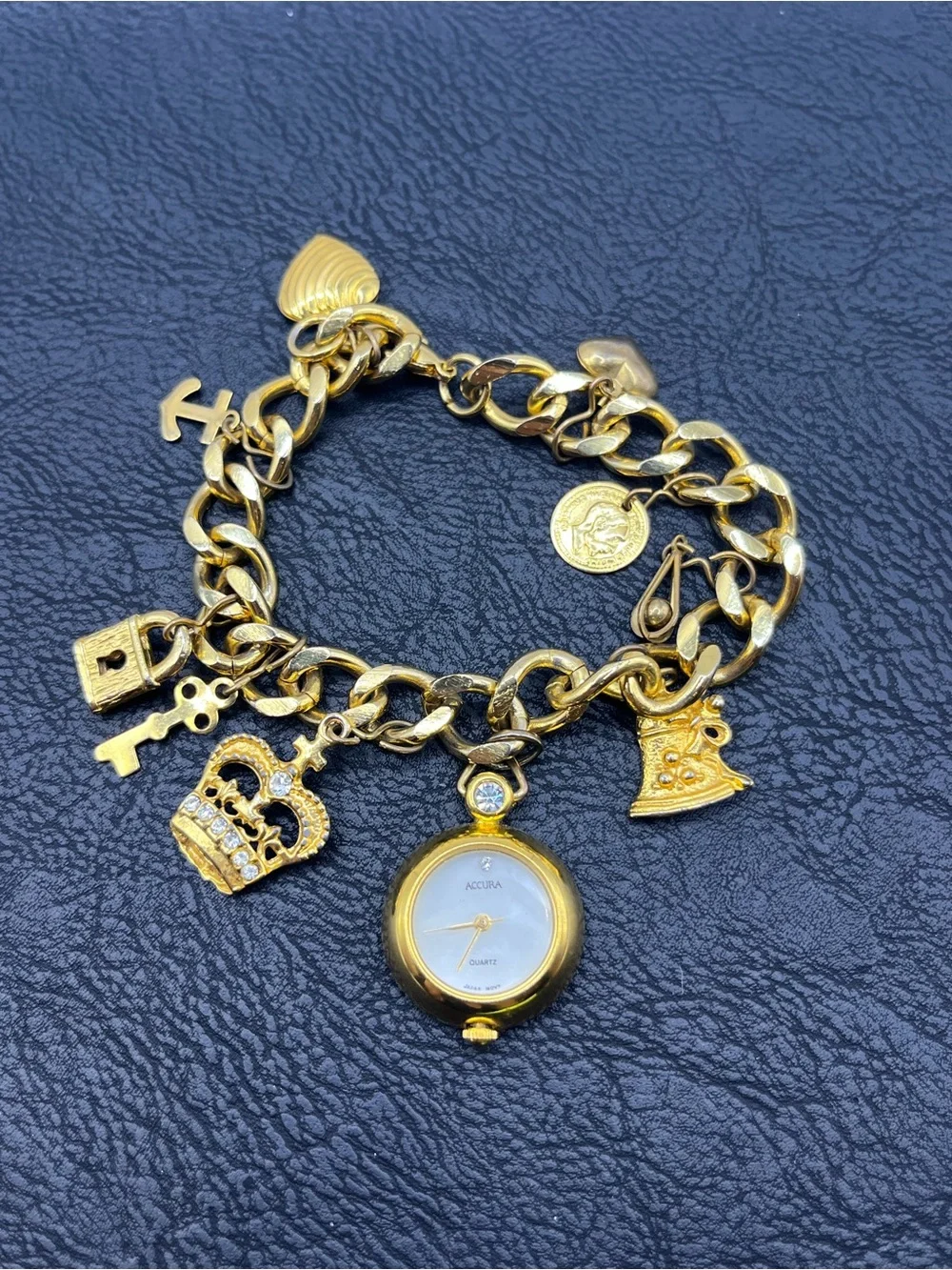 Gold Charm Bracelet Watch with Decorative Charms Crown Hearts Key  Charms